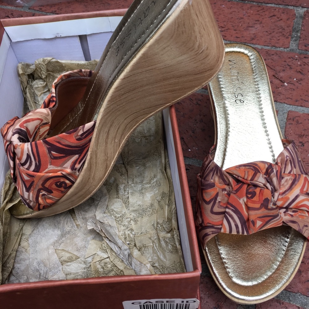 Matisse wooden wedge heels with orange fabric